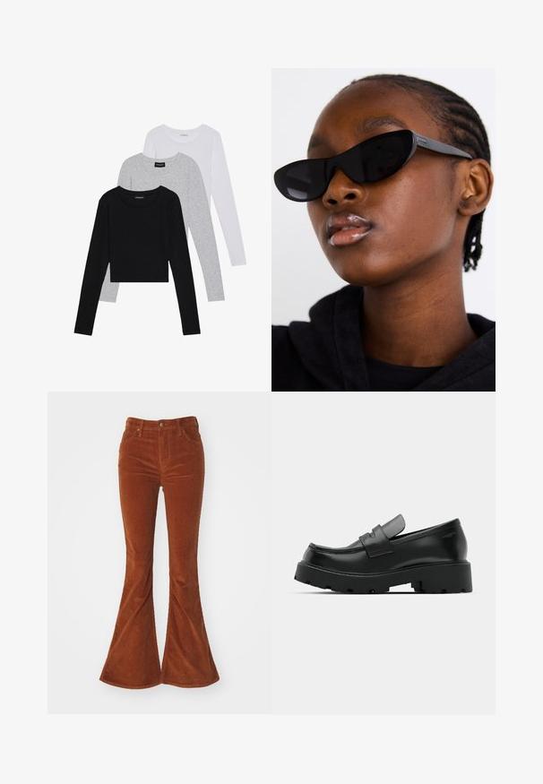 Drei langärmelige Oberteile gestapelt: schwarz, grau und weiß. Jedes hat einen runden Halsausschnitt und ein kurzes Design aus glattem, leichtem Stoff.; Braune Corduroy-Flared-Hosen mit fünf Taschen, Vorderknopfverschluss und strukturierter Stoff. Auffälliges Design mit weitem Bein.; Schwarze Leder-Loafers mit einer chunky strukturierten Sohle, ausgestattet mit einem Riemen über dem Spann und einer glatten, polierten Oberfläche.; Schwarze Cat-Eye-Sonnenbrillen mit matter Oberfläche, die sich durch ein elegantes Design und sanft geschwungene Kanten auszeichnen, vor einem Modell in dunkler Kleidung.; Silberne Creolen mit einer glatten, polierten Oberfläche. Runder Form und sicherem Klickverschluss. Leichtes Design, geeignet für den täglichen Gebrauch.