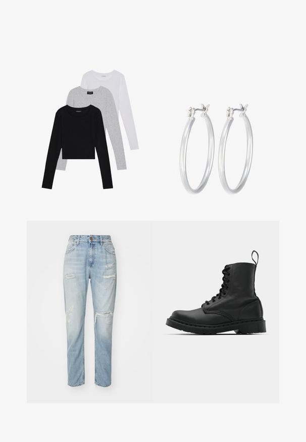 Tri dolga rokava zložena: črna, siva in bela. Vsaka ima okroglo izreznico in skrajšan dizajn z gladkim, lahkotnim materialom.; Svetlo modre, obrabljene kavbojke z visokim pasom, ki imajo raztrganine in strgane robove. Model z ravnimi nogavicami in klasičnim petim žepnim oblikovanjem.; Črne usnjene vojaške škornje s okroglo konico, z vezalkami spredaj in z zanko na gležnju. Imajo debele gumijaste podplate za dolgo življenjsko dobo.; Srebrni obroči za ušesa z gladko, polirano površino. Okrogla oblika in varna zaponka s klikom. Lahka zasnova, primerna za vsakodnevno nošenje.