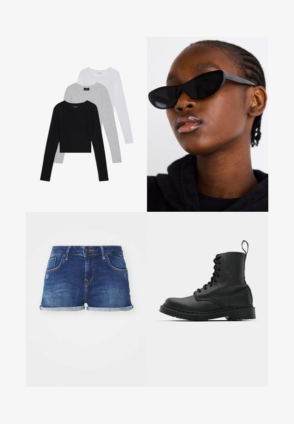 Tri dolga rokava zložena: črna, siva in bela. Vsaka ima okroglo izreznico in skrajšan dizajn z gladkim, lahkotnim materialom.; Jeans kratke hlače v temno modri barvi z obrabljenim izgledom, zasnova s petimi žepi in zavitimi robovi. Imajo kontrastne šive in gumbasto zapiranje.; Črne usnjene vojaške škornje s okroglo konico, z vezalkami spredaj in z zanko na gležnju. Imajo debele gumijaste podplate za dolgo življenjsko dobo.; Črne mačkaste sončna očala z mat površino, ki se ponašajo s prefinjenim dizajnom in rahlo ukrivljenimi robovi, nastavljene ob modelovih temnih oblačilih.; Srebrni obroči za ušesa z gladko, polirano površino. Okrogla oblika in varna zaponka s klikom. Lahka zasnova, primerna za vsakodnevno nošenje.