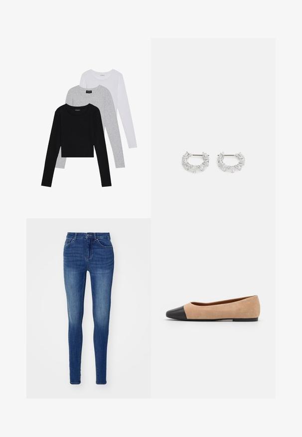 Tres camisetas de manga larga apiladas: negra, gris y blanca. Cada una tiene un escote redondo y un diseño recortado con una tela suave y ligera.; Jeans skinny de denim azul con una textura suave, diseño de cinco bolsillos y cierre de botón. Presentan áreas descoloridas para un aspecto usado.; Bailarina de ante beige con una puntera redondeada de cuero negro, tacón bajo y textura suave, que presenta costuras mínimas y un diseño limpio.; Pendientes de aro de plata con cristales claros, rectangulares y triangulares dispuestos en un diseño en patrones. Con tachuelas para un cierre seguro.
