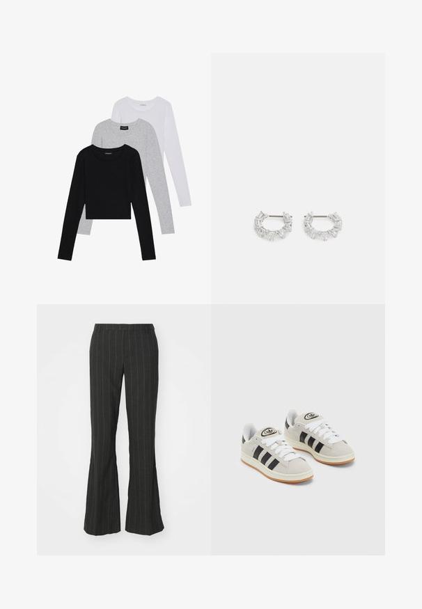 Tři trička s dlouhým rukávem naskládaná na sobě: černé, šedé a bílé. Každé má kulatý výstřih a kratší střih z hladkého, lehkého materiálu.; Černé rozšířené kalhoty s bílými vertikálními pruhy, vybavené přizpůsobeným pasem a hladkým, texturovaným materiálem.; Šedé semišové tenisky s bílými tkaničkami, černými pruhy a bílou gumovou podrážkou. Mají kulaté logo na jazyku a gumovou podrážku.; Stříbrné kruhové náušnice s průhlednými, obdélníkovými a trojúhelníkovými krystaly uspořádanými v vzorovaném designu. Klipy pro bezpečné upevnění.