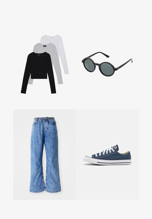 Trijų ilgomis rankovėmis marškinėlių krūva: juodas, pilkas ir baltas. Kiekvienas turi apvalų iškirpimą ir trumpą dizainą, pagamintas iš lygaus, lengvo audinio.; Šviesiai mėlynos džinsinės plačių kojų kelnės su elastinga juostele ir raišteliu. Yra dvigubai siūti siūlės ir žali kraštai. Kišenių nematyti.; Tamsiai mėlynos kanvos sportbačiai su baltais raišteliais ir skylutėmis, turintys baltą gumos pirštų dangtelį ir juodą juostelę palei padą.; Apvalūs akiniai nuo saulės su juodu plastiko rėmu ir tamsiai pilkais lęšiais. Yra plonos, tiesios kojelės su minimalistiniais akcentais.