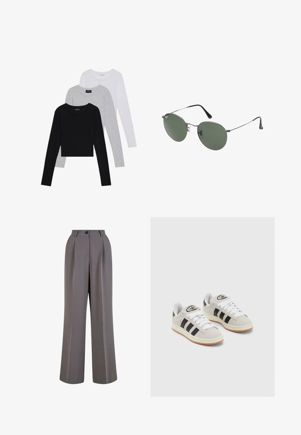 Trei bluze cu mânecă lungă așezate: neagră, gri și albă. Fiecare are un guler rotund și un design scurt, realizat dintr-un material fin și ușor.; Pantaloni evazați din țesătură gri, cu pliuri frontale, închidere cu un singur buton și buzunare laterale. Textură netedă și design ajustat.; Adidași din suede gri cu șireți albi, dungi negre și talpă din cauciuc alb. Prezintă un logo circular pe limbă și o talpă din cauciuc.; Ochelari de soare cu ramă metalică, dotati cu lentile ovale verzi. Ramă subțire din metal argintiu și ușițe negre. Design minimalist, fără logo-uri vizibile.
