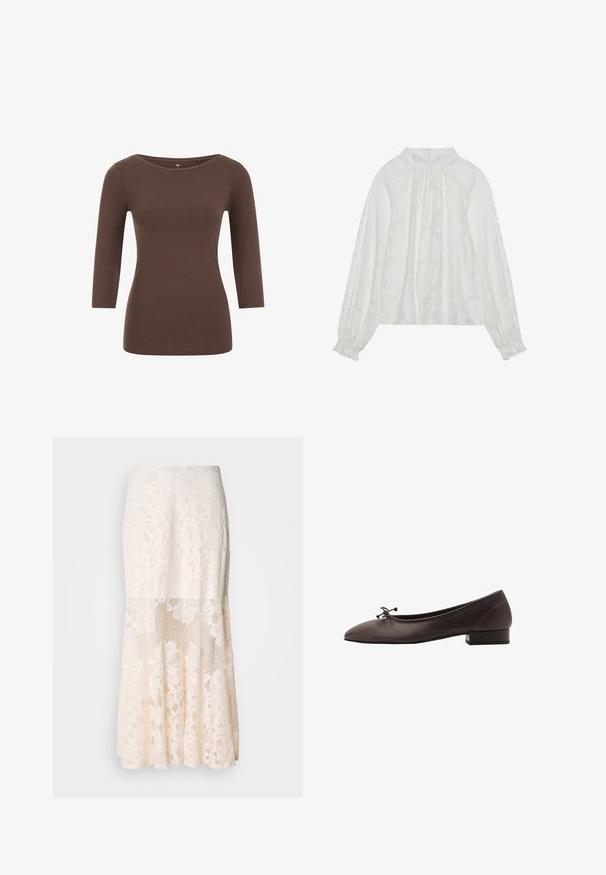 Ruskea pitkähihaine paita pyöreällä kaula-aukkolla, valmistettu pehmeästä materiaalista. Ominaisuuksiin kuuluu tiukka muotoilu ja sileä pinta.; Valkoinen pitkähihainen paita, jossa on teksturoitu kukkakuosi, rypytetty kaula-aukko ja elastiset hihansuut. Pehmeä, kevyt kangas.; Kermakuvioinen midi-hame; siinä on kerroksellinen rakenne, läpinäkyviä osia, teksturoitua pitsiä ja levenevä helma.; Ruske kožne balerinke s zaobljenim vrhom i malim blok petom. Imaju tanke mašne sprijeda i suptilne šavove.