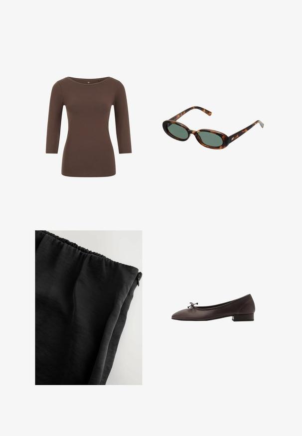 Top marron à manches longues avec un col rond, fabriqué dans un matériau doux. Présente un design ajusté et une texture lisse.; Tissu noir avec une texture lisse, taille élastique et fermeture éclair. Le matériau semble léger et légèrement transparent.; Ballerines en cuir brun avec un bout rond et un petit talon carré. Présentent un fin nœud à l'avant et des détails de couture subtils.; Lunettes de soleil en écaille de tortue avec des montures ovales et des verres verts. Elles présentent des branches fines avec un accent métallique près des charnières.