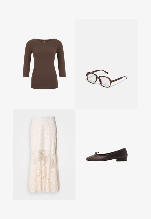 Ruskea pitkähihaine paita pyöreällä kaula-aukkolla, valmistettu pehmeästä materiaalista. Ominaisuuksiin kuuluu tiukka muotoilu ja sileä pinta.; Kermakuvioinen midi-hame; siinä on kerroksellinen rakenne, läpinäkyviä osia, teksturoitua pitsiä ja levenevä helma.; Ruske kožne balerinke s zaobljenim vrhom i malim blok petom. Imaju tanke mašne sprijeda i suptilne šavove.; Ruske, rektangulære briller med transparente linser og lilla toner. Glatt plastisk ramme med rette stenger og subtile detaljer.