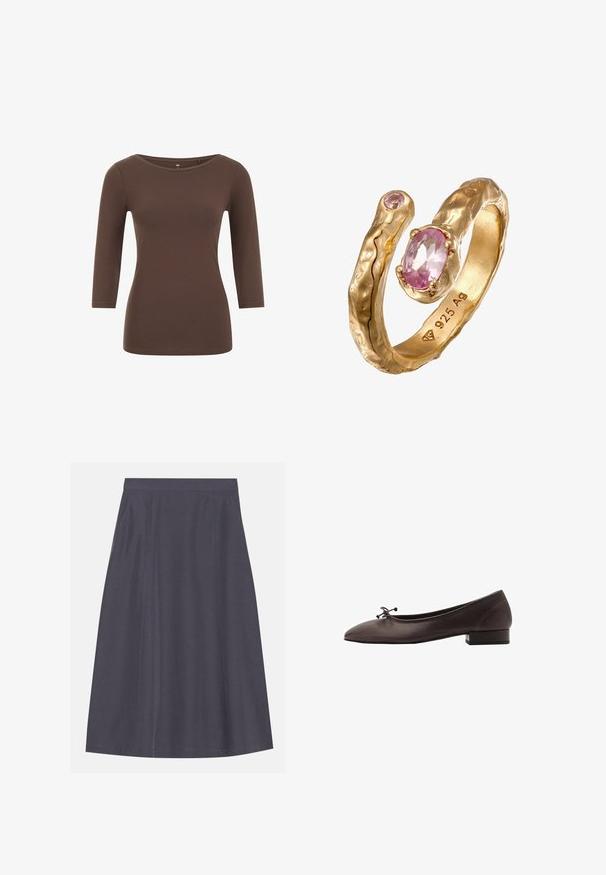 Bluză maro cu mânecă lungă, cu un decolteu rotund, realizată dintr-un material moale. Prezintă un design ajustat și o textură netedă.; Fustă conică, de culoare gri închis, confecționată dintr-un material neted, cu buzunare laterale, având un talie curată și detalii subtile ale cusăturii.; Balerini din piele maro, cu vârf rotund și toc mic pătrat. Prezintă o fundiță subțire în față și detalii de cusătură subtile.; Design de inel din aur cu un ton auriu, răsucit, care prezintă două pietre prețioase roz: una ovală și una mai mică, rotundă, cu detalii de suprafață texturate.