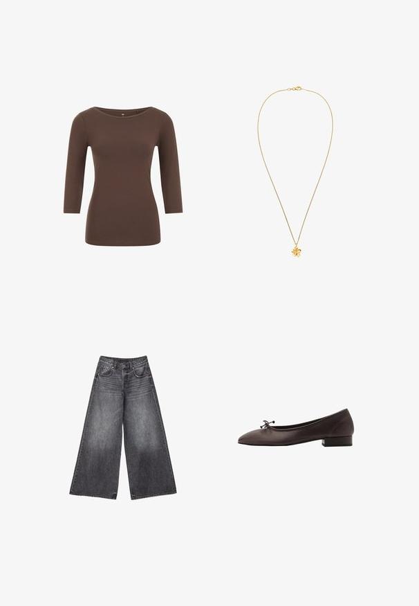 Ruskea pitkähihaine paita pyöreällä kaula-aukkolla, valmistettu pehmeästä materiaalista. Ominaisuuksiin kuuluu tiukka muotoilu ja sileä pinta.; Laineet mustat kuluneet farkut, joissa on etutaskut, kupariset niitit, vyölenkit ja pieni tähti-yksityiskohta oikeassa taskussa.; Ruske kožne balerinke s zaobljenim vrhom i malim blok petom. Imaju tanke mašne sprijeda i suptilne šavove.; Kultaketju, jossa on teksturoitu kukka-riipus. Ketju on ohut ja joustava, ja se täydentää kukkamuotoilua.