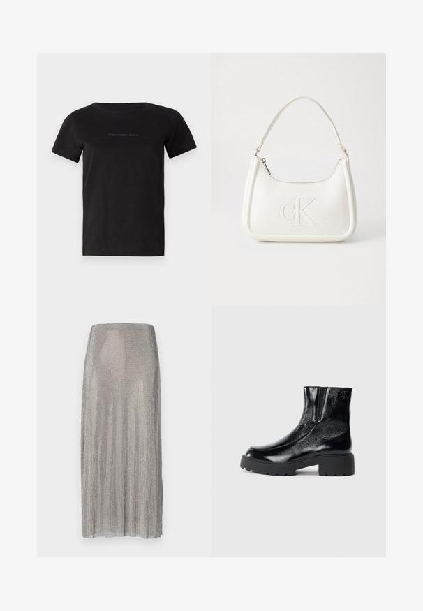 T-shirt en coton noir avec un col rond et des manches courtes. Présente un discret logo gris sur la zone de la poitrine.; Jupe plissée argentée en maille métallique, arborant une silhouette droite et une texture lisse avec un subtil éclat.; Bottines noires avec une finition en cuir verni brillant, semelle en caoutchouc noir épaisse et talon surélevé ; inclut un détail de logo subtil sur le côté.; Sac à main en cuir blanc avec une forme courbée, arborant un logo "CK" embossé à l'avant et une seule bandoulière. Fermeture à glissière en haut.
