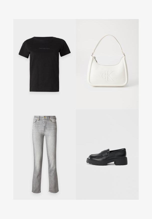 Crna pamučna majica s okruglim izrezom i kratkim rukavima. Sadrži suptilni logotip u sivoj boji na području prsiju.; Sive traperice s ravnim nogavicama, s prednjim kopčanjem na gumb, pet džepova i suptilnim izblijedjenjem za teksturu.; Crne kožne mokasine s strukturiranom površinom, koje imaju pravokutnu traku preko gornjeg dijela i robustan, nazubljen potplat.; Bijela kožna torba s zakrivljenim oblikom, koja na prednjoj strani ima utisnut logotip "CK" i jedan remen za nošenje preko ramena. Zatvaranje na munju na vrhu.