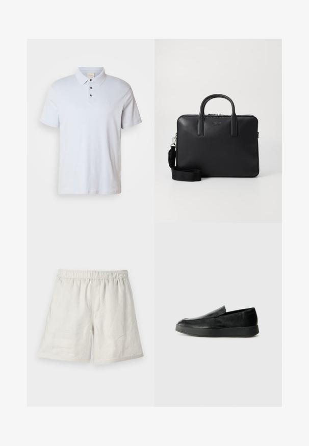 Polo bleu clair en coton, avec une patte de boutonnage à trois boutons, un col replié, des manches courtes et un petit logo sur la poitrine.; Shorts en lin beige clair avec une taille élastique, présentant une coupe décontractée et des coutures minimales pour un design simple et décontracté.; Calvin Klein HYBRID CUP - Chaussons - triple black; Malette en cuir noir avec une finition texturée, double poignées, bandoulière amovible et un détail logo à l'avant. Fermeture zippée.