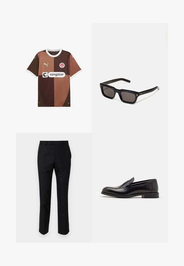 Maglietta da calcio marrone con sezioni di marrone più chiaro, colletto bianco e maniche corte. Presenta il logo Puma e il logo dello sponsor sulla parte frontale.; Pantaloni neri su misura con una vestibilità slim, dotati di tasche laterali e una superficie liscia. I bordi sono rifiniti con un orlo pulito.; Mocassini neri in pelle con una texture liscia, punta arrotondata e una striscia decorativa sulla tomaia. Tacco basso impilato, design minimalista.; Occhiali da sole neri rettangolari con lenti scure, montatura spessa in plastica, dettagli dorati sulle tempie e logo del marchio inciso sull'asta.