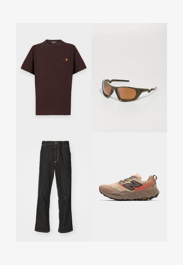 Braunes Baumwoll-T-Shirt mit kurzen Ärmeln, Rundhalsausschnitt, Logo auf der linken Brust in Orange und Rot, gerader Saum und lockere Passform.; Schwarze Denim-Jeans mit lockerer Passform, kontrastierenden weißen Nähten, einem Knopfverschluss und geradem Bein.; Beige Laufschuh mit Mesh-Obermaterial, schwarzen und roten Akzenten sowie Vibram-Sohle. Verfügt über einen gepolsterten Kragen und eine strukturierte Oberfläche für besseren Halt.; Olivgrüne Sonnenbrille mit rechteckigen Gläsern und orangefarbiger Tönung, mit einem strukturierten Rahmen und markanten, eckigen Bügeln.
