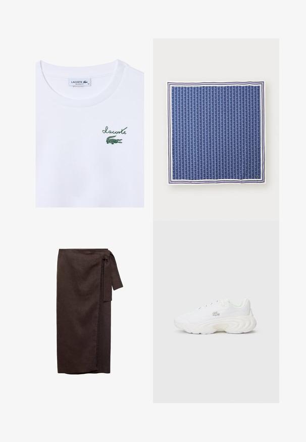 Witte katoenen T-shirt met een relaxte fit; heeft een groen "Lacoste" logo en krokodilafbeelding op de linkerkant van de borst.; Bruine linnen wikkelrok met een gestrikt taille, rechte silhouet en rafelrand. Zachte textuur en vloerlang ontwerp.; Witte sneaker met een gestructureerde bovenkant, opvallend zoolontwerp, vetersluiting en klein logo-detail. Glad en lichtgewicht ontwerp.; Navyblauwe zijden vierkante sjaal met een geometrisch patroon, omrand met witte en donkerblauwe strepen. Logo in de rechteronderhoek.