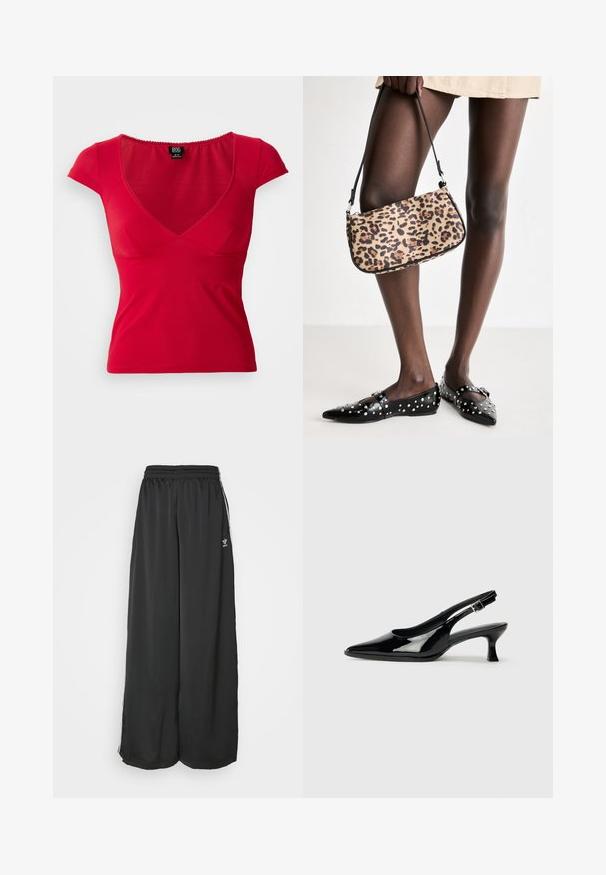 Top rouge ajusté pour femmes à manches courtes avec décolleté en V profond et légère fronce sous la poitrine sur fond uni.; Pantalons de jogging noirs amples en tissu lisse. Comprend une taille élastique et des bandes latérales avec des accents de logo.; Escarpins en cuir verni noir avec un bout pointu et un petit talon carré. Sangle réglable à la cheville avec boucle.; Sac à main en imprimé léopard avec une anse noire, de forme rectangulaire et texture lisse. Le sac est posé à côté de ballerines noires à clous.