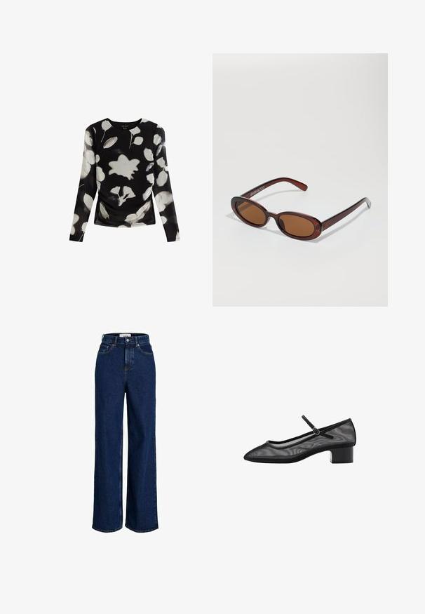 Top lungo nero a maniche lunghe con stampa floreale bianca, caratterizzato da un dettaglio arricciato sul lato, scollatura rotonda e un tessuto liscio e leggero.; Jeans in denim scuro a vita alta, con gamba ampia, bottone frontale e design a cinque tasche.; Pump in rete nera con punta affusolata, tacco a blocco piccolo e dettaglio a cinturino alla caviglia. Presenta una texture liscia e un design minimalista.; Occhiali da sole rotondi con tonalità marrone, montatura lucida color bordeaux. Aste sottili con un sottile dettaglio del marchio. Design delle lenti piatte.; Set di otto orecchini in metallo nei toni dell'argento e dell'oro. Include vari stili di cerchi, texture e finiture, disposti per dimensione.