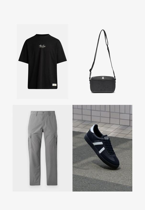 T-shirt noir à manches courtes en coton. Présente un petit logo blanc sur la poitrine et une étiquette rectangulaire en bas à droite.; Jack & Jones JPSTKARL KURTIS SNAP TECH - Pantalon cargo - castle rock; Sneaker en cuir noir avec des rayures blanches, semelle en caoutchouc texturée et devant à lacets. Présente une étiquette de marque sur la languette.; Sac bandoulière en cuir noir avec une fermeture éclair, logo embossé à l'avant et une sangle réglable. Texture lisse avec une forme rectangulaire.
