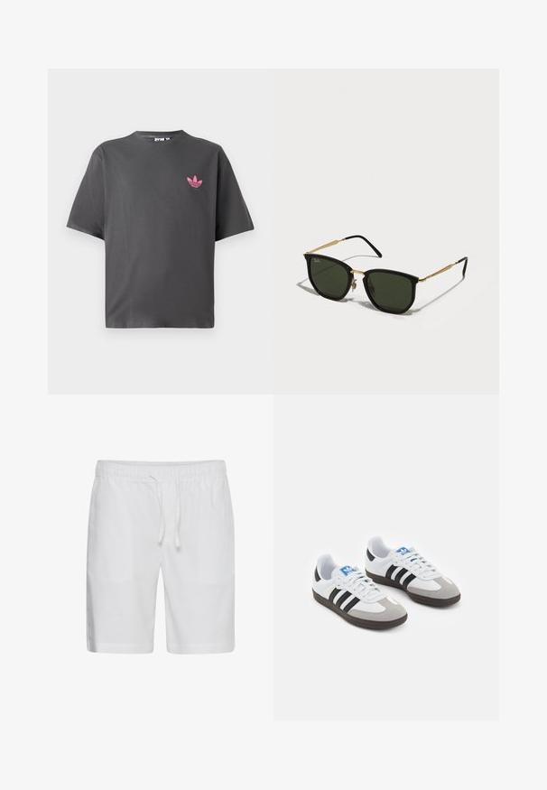 Tamno sivi T-shirt kratkih rukava s malim ružičastim Adidas trefoil logom na lijevoj strani prsnog koša, prikazan na bijeloj pozadini.; Casual Friday CFPHELIX LINEN MIX - Kratke hlače - bright white; Sportske cipele s gornjištem od bijele kože, sivi suedinasti nos i tri crne pruge. Imaju plavi logo na jeziku i teksturiranu gumenu podlogu.; Crne mačkaste sunčane naočale sa zelenim staklima, zlatnim metalnim detaljima i tankim crnim drškama. Okvir sa teksturom i hrabrim, geometrijskim dizajnom.