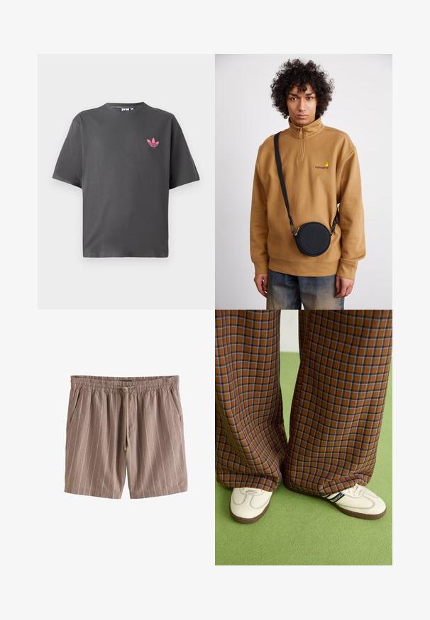 Mörkgrå t-shirt med korta ärmar och en liten rosa Adidas trefoil-logga på vänster bröst, visad mot en vit bakgrund.; Bruna randiga shorts i lättviktig tyg, med elastisk midja, dragsko och sidofickor.; Bruna och blå rutiga vida byxor i kombination med vita skor med svarta accenter och texturerade sulor, mot en grön bakgrund.; Brun fleece-tröja med kvartsdubbelt blixtlås och broderad logotyp, i kombination med en svart rund crossbody-väska med dragkedja och logotypdetalj, bärs över jeans.