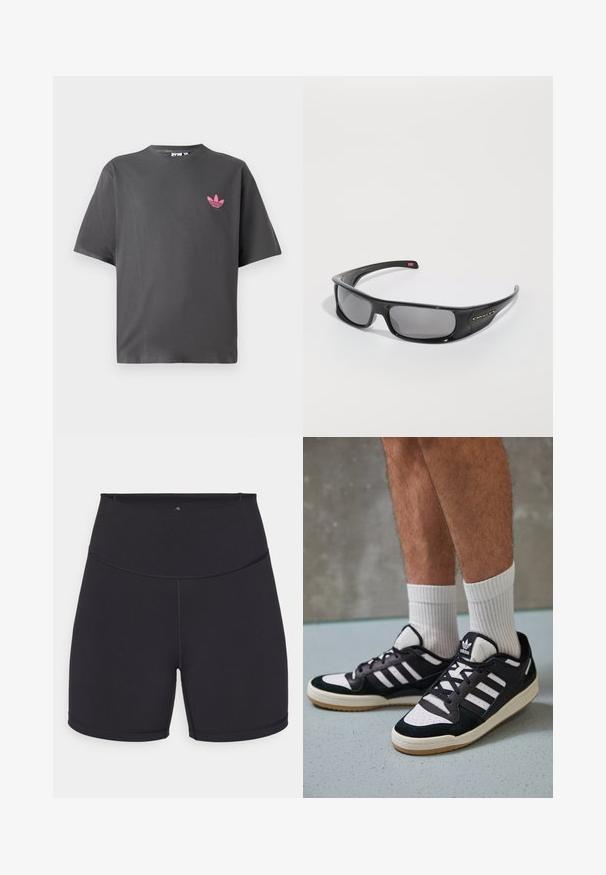 T-shirt gris foncé à manches courtes avec un petit logo trefoil rose Adidas sur la poitrine gauche, présenté sur fond blanc.; Shorts de sport noirs en tissu extensible. Dotés d'une taille haute et de coutures lisses. Adaptés pour le sport et l'exercice.; Baskets noir et blanc avec une tige en suède et cuir, comportant trois rayures blanches, un bout perforé et une semelle en caoutchouc gum.; Lunettes de soleil noires Oakley en forme d'enroulement avec des verres rectangulaires foncés et des bras courbés sur un fond blanc uni.