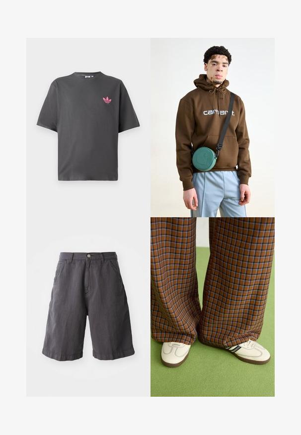 Tumši pelēks īsām piedurknēm T-krekls ar mazu rozā Adidas trefoil logotipu uz kreisā krūšuņa, attēlots uz balta fona.; Tumši pelēki kokvilnas šorti ar brīvu piegriezumu, ar pogu aizdari, jostu cilpām un sānu kabatām, veidoti ar vienkāršu apakšmalu.; Brūni un zili rūtaini platās kājas bikses, kas savienotas ar baltām kurpēm ar melniem akcentiem un teksturētām zolēm, uz zaļa fona.; Brogas ar kapuci brūnā krāsā ar baltu logo, saskaņotas ar gaiši ziliem biksēm. Apaļa zaļa soma karājas no melnas siksnas pāri ķermenim.