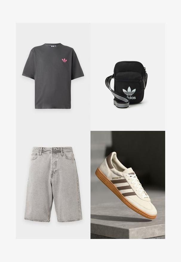 Mørkegrå t-skjorte med korte ermer og en liten rosa Adidas trefoil-logo på venstre bryst, vist mot en hvit bakgrunn.; Grå denimshorts med en avslappet passform, med høy midje, fem lommer og synlig søm, som gir en teksturert finishing.; Hvite semskede sneakers med brune lærdetaljer, tre brune striper og hvite snørebånd. Har en teksturert gummisåle og gull "SPEZIAL" logo.; Svart stoff crossbody veske med glidelås, med en hvit Adidas-logo og enstripet justerbar stropp for enkel bæring.