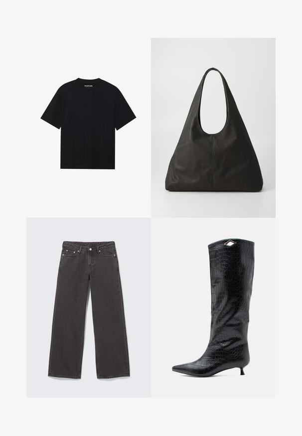 T-shirt preto de mangas curtas com decote redondo, feito de tecido de algodão suave. Apresenta um design minimalista, sem padrões visíveis ou acessórios.; Jeans de ganga preta de pernas largas com rebites de cobre, cinco bolsos e fecho de botão. Textura suave e resistente, com corte direito da cintura até à bainha.; Bota preta até ao joelho em pele de couro com relevo de crocodilo brilhante, apresentando um bico apontado e um pequeno salto kitten, com um detalhe angular prateado na parte superior.; Saco de tote em couro preto com uma alça curva, forma triangular alongada e textura suave. Apresenta um design minimalista sem hardware visível.
