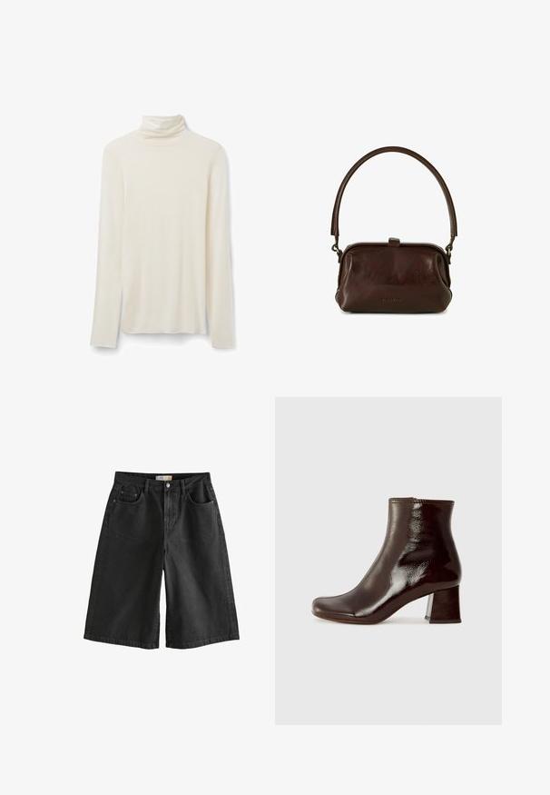 Cremfärgad turtleneck långärmad skjorta gjord av mjukt material, med en åtsittande krage och en enkel design med långa ärmar och rak nederkant.; Svarta denimshorts med lös passform, med knäppning, fem fickor och minimal blekning, som visar en hållbar textur.; Chie Mihara MUKI - Stövletter med kilklack - sucre choco; BALAGAN ROHA - Handväska - dark brown