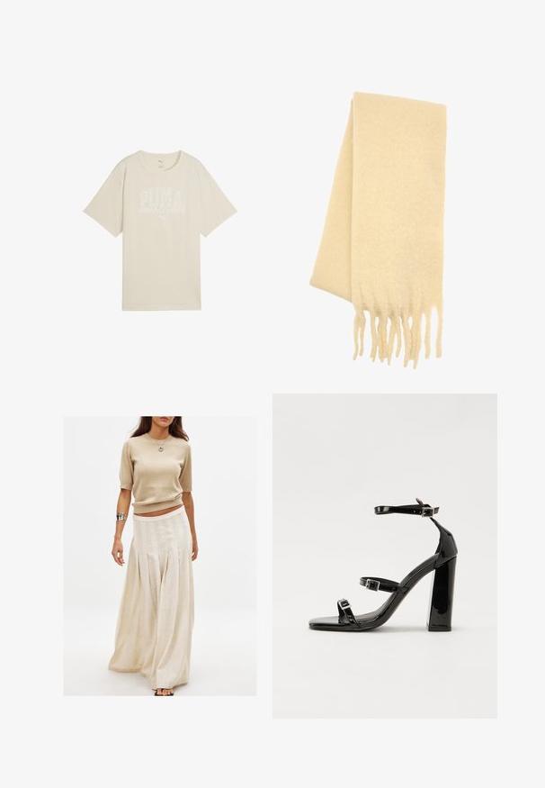 Beige bomulds t-shirt med en afslappet pasform, der har et hvidt grafisk design med teksten "PUMA sports club" og et lille logo ovenfor.; Beige strikket kortærmet top kombineret med en lang, flowy cremefarvet nederdel med lodrette plisseringer og en glat tekstur.; Sorte laklædersandaler med høje hæle, to spænderemme, firkantet tå og en kraftig blokhæl, der har en glat, blank overflade.; Cremefarvet uld tørklæde med en blød tekstur, der har frynset ender og et rektangulært design.