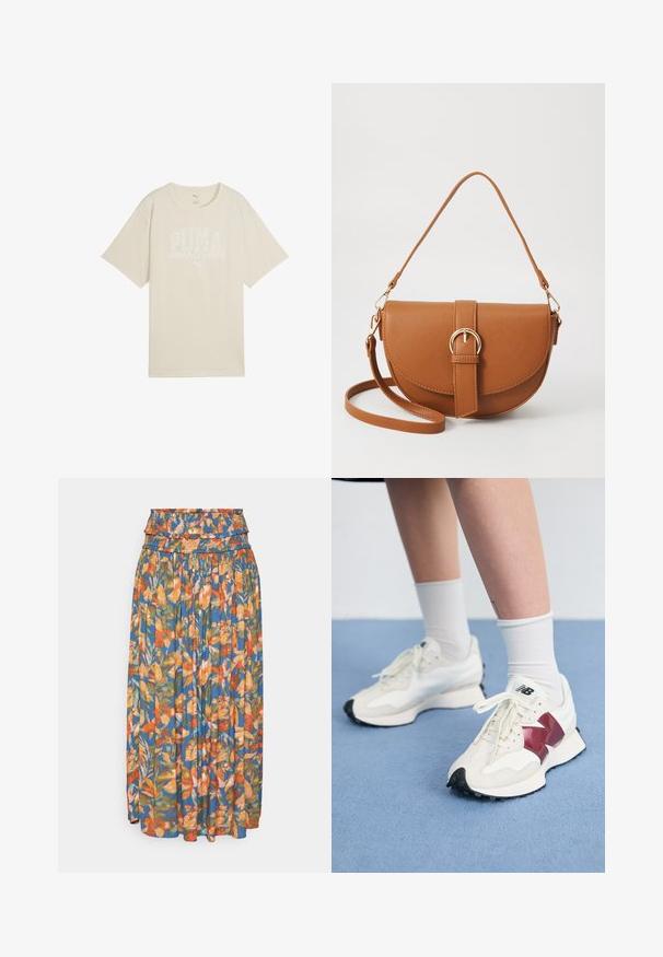 T-shirt en coton beige avec une coupe décontractée, arborant un design graphique blanc avec l'inscription "PUMA sports club" et un petit logo au-dessus.; Jupe maxi florale avec une taille froncée, ornée de motifs vibrants orange, vert et bleu. Tissu léger avec une texture plissée.; Une paire de baskets blanches avec des accents bordeaux, des panneaux texturés, une semelle noire plate et des lacets légers, portées avec des chaussettes blanches mi-mollet.; Sac bandoulière en cuir marron avec une forme incurvée, quincaillerie dorée et un accent en boucle. Comprend une bandoulière détachable.