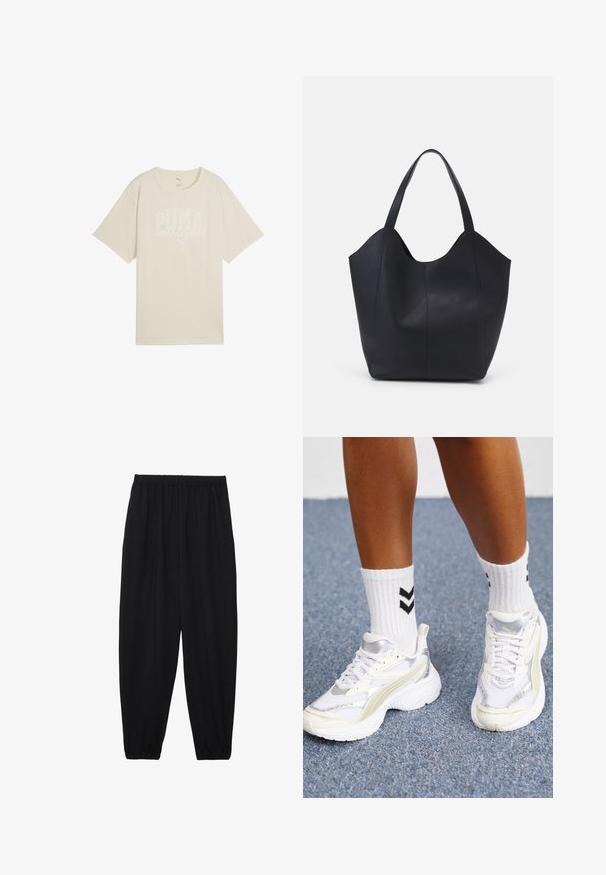 Beige cotton t-shirt with a relaxed fit, featuring a white graphic design that says "PUMA sports club" and a small logo above.; Black, lightweight pants with an elastic waistband and gathered ankles. The fabric is smooth and features a relaxed, tapered design.; White sneakers with silver accents, mesh material, and a chunky design. Paired with white socks featuring black chevron patterns.; Black tote bag made of smooth leather, featuring a curved, open top with two shoulder straps and a minimalist design.