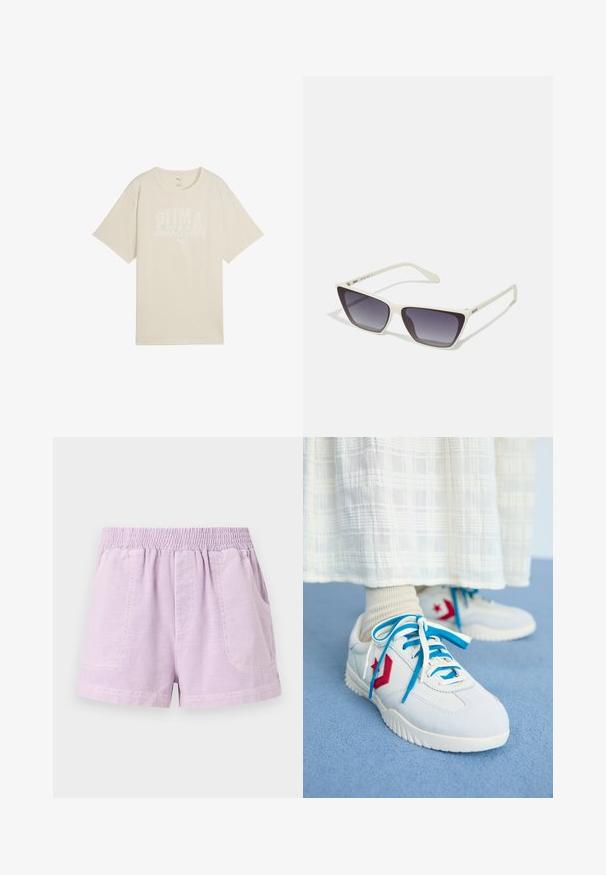 Camiseta de algodón beige con un corte relajado, que presenta un diseño gráfico blanco que dice "club deportivo PUMA" y un pequeño logo arriba.; Shorts lilas hechos de una tela ligera con una cinturilla elástica, que cuentan con dos bolsillos frontales y un corte relajado.; Zapatillas blancas con acentos rojos y azules, tela texturizada, cordones planos, suelas de goma y detalle de logo lateral. Llevadas con calcetines de color claro.; Gafas de sol de marco blanco con lentes oscuros de degradado, diseño angular y patillas planas. Marca minimalista en el lateral.