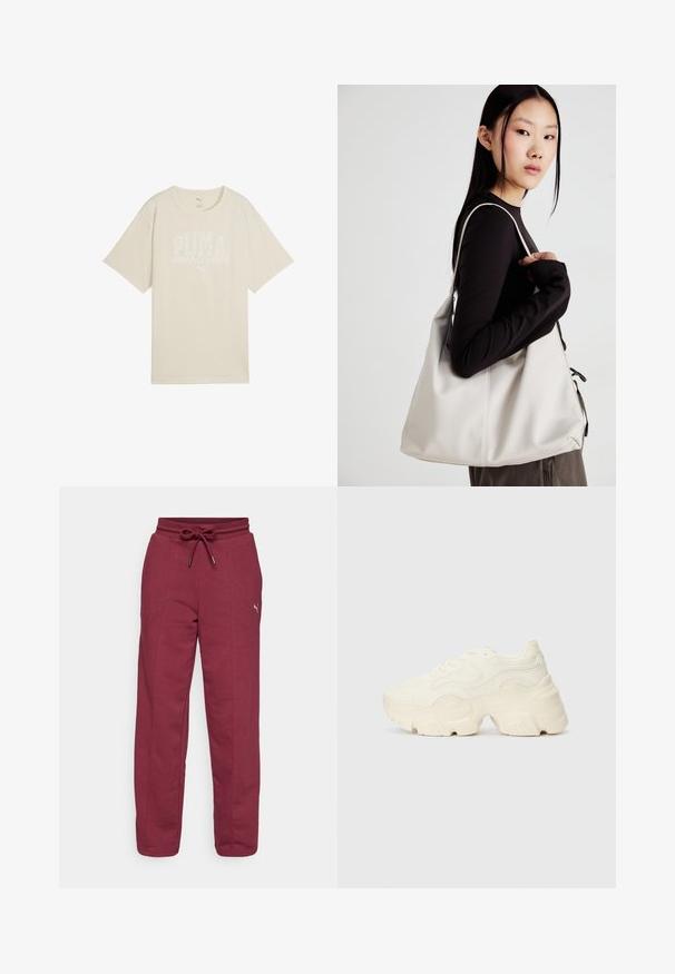 Béžové bavlněné tričko s volným střihem, které má bílý grafický design s nápisem "PUMA sports club" a malým logem nahoře.; Bordové tepláky s elastickým pasem, nastavitelným stahováním na šňůrku, bočními švy a malým logem na levém stehně. Měkký materiál ze směsi bavlny.; Chunky bílé tenisky vyrobené z texturované síťoviny a syntetických materiálů, s tlustou podrážkou a složitými vzorovými detaily podél stran.; Beige kabelka vyrobená z měkkého materiálu, s volným designem, prošívanými detaily a dvěma ramenními popruhy. Vhodná pro každodenní použití.