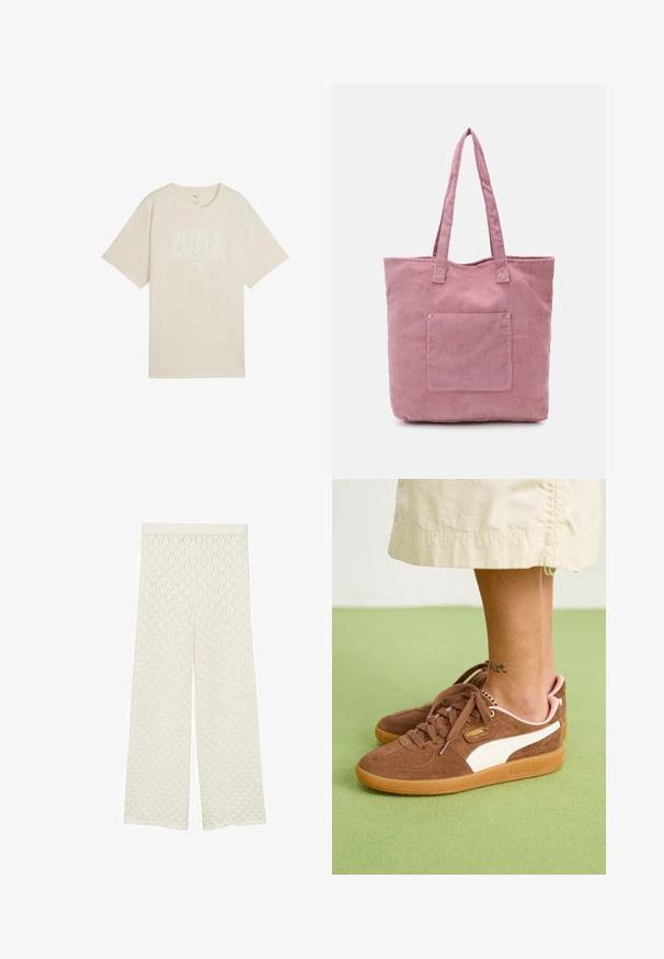 Beige bomulds t-shirt med en afslappet pasform, der har et hvidt grafisk design med teksten "PUMA sports club" og et lille logo ovenfor.; Cremefarvede, vidde bukser med et struktureret, diamantmønstret stof. Har en glat talje og en løs, luftig pasform.; Brune ruskinds sneakers med hvit detalje, gummisole og lyserød hæl. Snørebånd og branding detaljer synlige. Enktattoo delvist synlig.; Lyserød corduroy tote taske med to lange håndtag, med en frontlomme og subtil ribbet tekstur. Glat indvendigt.