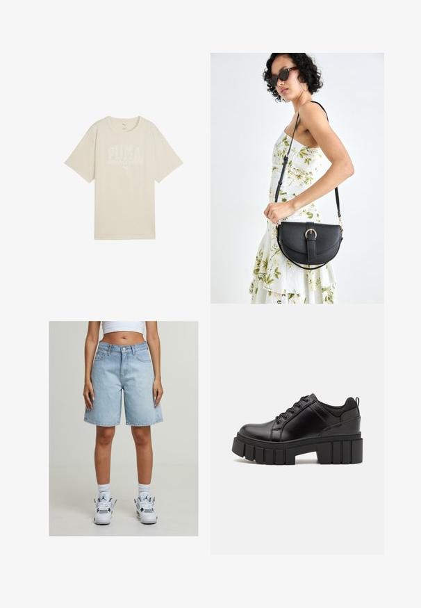 Vaaleanbeige puuvillapaita rentoa istuvuutta, jossa on valkoinen graafinen printti, jossa lukee "PUMA sports club" ja pieni logo ylhäällä.; Vaaleansiniset farkkushortsit, joissa on rento istuvuus. Niissä on viisi taskua, nappikiinnitys ja helma, joka loppuu juuri polvien ylle.; Mustat nahkakengät, joissa on lättihenkinen korko, pyöreä kärki ja perinteinen nauhakiinnitys. Ominaisuuksiin kuuluu sileä pintakuvio ja minimaalinen yksityiskohtaisuus.; Musta nahkainen käsilaukku, joka on kaareva muotoilultaan, irrotettavalla hihnalla ja kultaisilla yksityiskohdilla. Laukussa on läppä, jossa on solk yksityiskohta.