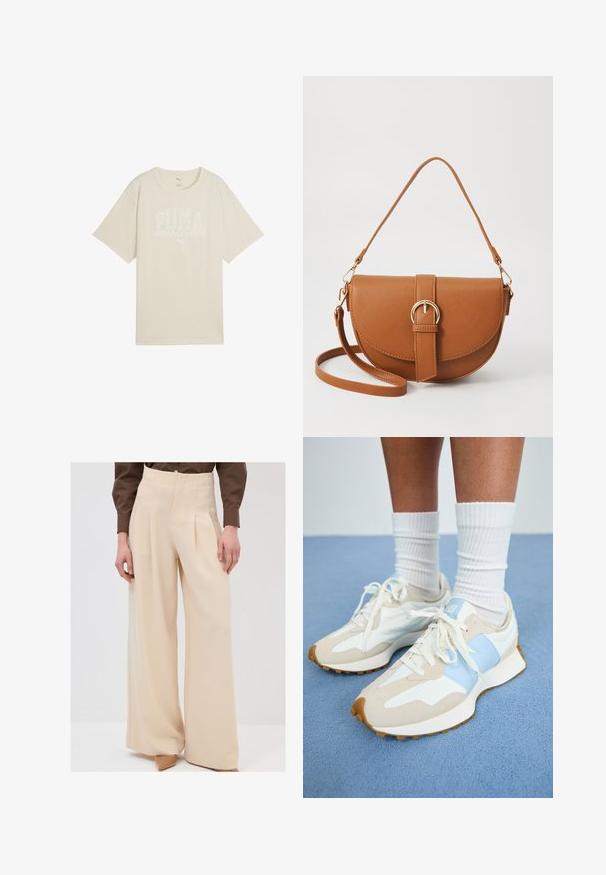Beige bomulds t-shirt med en afslappet pasform, der har et hvidt grafisk design med teksten "PUMA sports club" og et lille logo ovenfor.; Beige vidde bukser med høj talje, folder foran og en glat tekstur, parret med lyse hæle.; Letvægssneakers med et design i beige og lyseblå. Har overdele i ruskind og mesh-materialer, hvide snørebånd og en struktureret gummisål.; Brun læder crossbody taske med en buet form, guldfarvet hardware og en spændeaccent. Har en aftagelig skulderrem.
