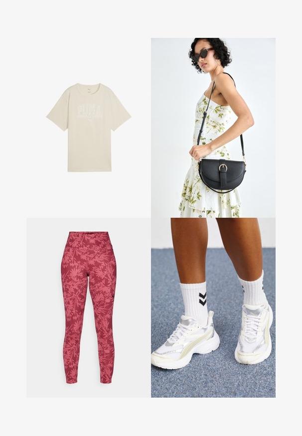 Beige cotton t-shirt with a relaxed fit, featuring a white graphic design that says "PUMA sports club" and a small logo above.; Red leggings with a fitted design, high waist, and an all-over leaf pattern in a darker shade of red. Made from a stretchy, textured fabric.; White sneakers with silver accents, mesh material, and a chunky design. Paired with white socks featuring black chevron patterns.; Black leather handbag with a curved shape, detachable strap, and gold hardware. The bag features a flap with a buckle detail.