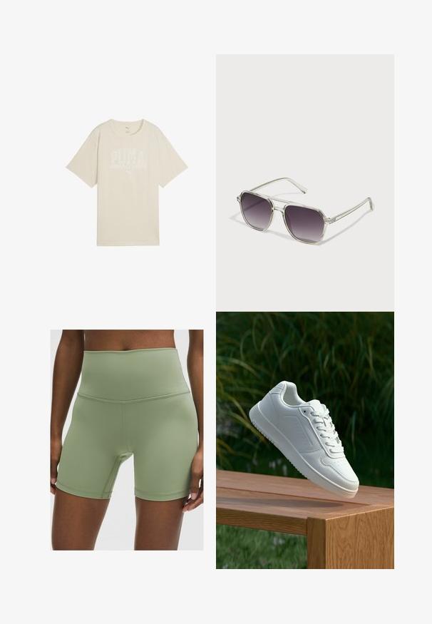Bež pamukasta majica sa opuštenim krojem, koja ima bijeli grafički dizajn s natpisom "PUMA sports club" i malim logotipom iznad.; Visoke, maslinaste kratke hlače od glatkog, rastezljivog materijala. Imaju ravne šavove i prilagodljiv dizajn za udobnost i fleksibilnost.; Bijela tenisica sa glatkim sintetičkim gornjim dijelom, perforiranim prednjim dijelom, ravnim vezicama i teksturiranom potplatom, prikazana na drvenoj površini.; Naočale s prozirnim okvirom, kvadratnog oblika, s gradijentnim sivim lećama. Tanke srebrne akcente na sljepoočnicama dodaju detalj.