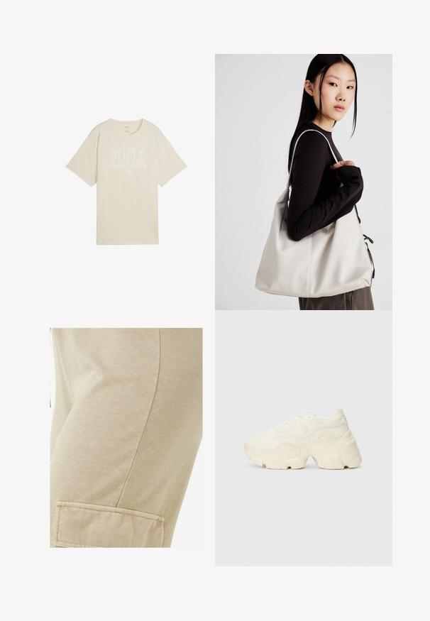 Beige Baumwoll-T-Shirt mit lockerer Passform, versehen mit einem weißen Grafisches Design, das "PUMA Sports Club" sagt, sowie einem kleinen Logo darüber.; Rip Curl BLOCK PARTY - Cargohose - natural; Flockige weiße Sneaker aus strukturiertem Mesh und synthetischen Materialien, mit einer dicken Sohle und komplizierten Mustern entlang der Seiten.; Beige Handtasche aus weichem Material, mit einem lässigen Design, gesteppten Details und zwei Schulterriemen. Geeignet für den täglichen Gebrauch.