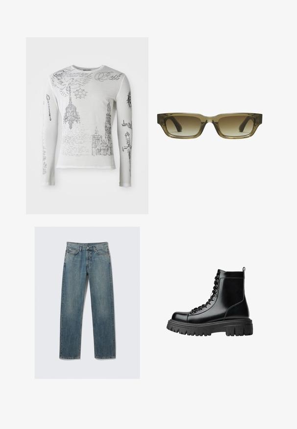 Bílá košile s dlouhými rukávy a černými skicami gotické architektury, lustru, holubice, svíček, meče a kurzívou napsaným textem "Heavens Best".; Modré džíny rovného střihu s předními a mincovními kapsami, poutky na opasek a kovovým zapínáním na pozadí bez vzoru.; Černé kotníkové boty z hladké kůže s robustní podrážkou, kulatou špičkou a předním zavazováním na tkaničky. Mají poutko na zadní straně a hladký povrch.; Hnědé gradientní sluneční brýle s obdélníkovým tvarem, silnými masivními rámy a černými stranami. Průhledný hnědý materiál dodává rozměr.
