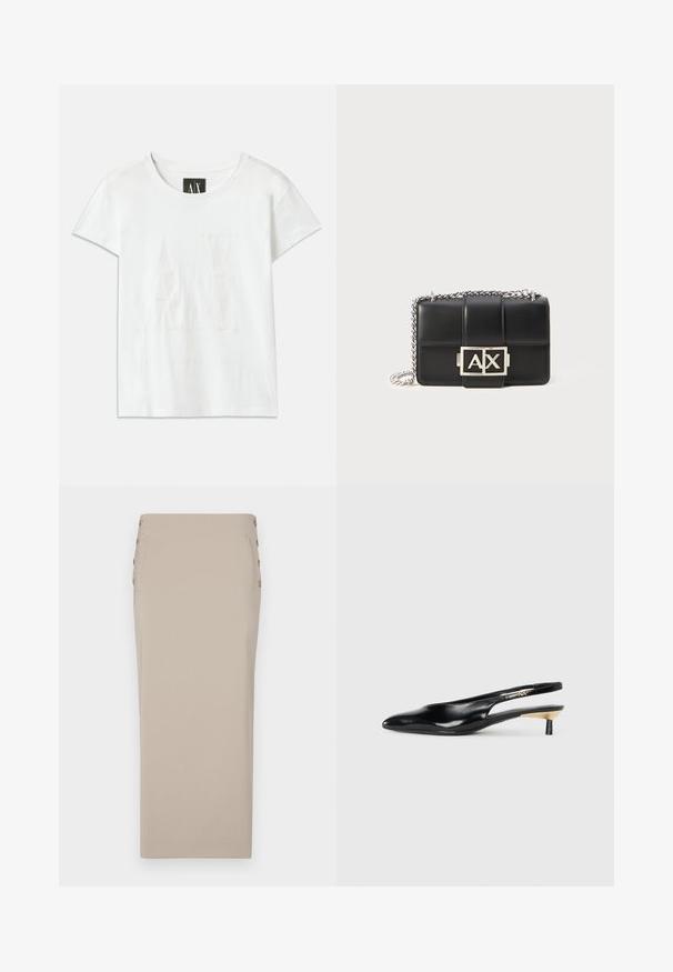 Bela bomba majica s kratkimi rokavi, ki ima na sprednji strani dvignjen logotip "AX" in spodaj natančno zasnovo napisa "ARMANI EXCHANGE".; Bež krilo iz gladkega blaga, z stranskimi gumbi, poenostavljeno silhueto in brez vidnih žepov ali vzorcev.; Črne slingback pumpe z ozkim nosom, sijočim usnjem in majhno peto z zlatim akcentom. Elegantna zasnova z odprtim zadnjim delom.; Črna usnjena torbica s kviltanim dizajnom, srebrnim verižnim trakom in izstopajočim srebrnim logotipom "AX" na sprednji strani. Kompaktna pravokotna oblika.
