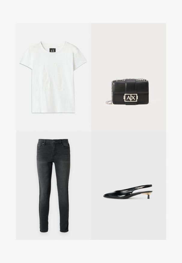 Fehér, rövid ujjú pamut póló, a mellkason kiemelkedő "AX" logóval és az "ARMANI EXCHANGE" felirattal alatta, diszkrét dizájnban.; Slim fit fekete farmernadrág fakó textúrával, öt zsebes kialakítással és dekoratív varrással az oldalsó varratokon.; Fekete slingback pump, hegyes orral, fényes bőr felülettel és kis sarokkal, arany kiegészítéssel. Elegáns kialakítás nyitott háttal.; Fekete bőr kézitáska steppelt dizájnnal, ezüst lánccal, és egy kiemelkedő ezüst "AX" logóval az elején. Kompakt, téglalap alakú.