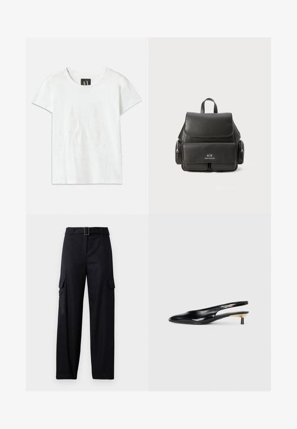 Balta medvilnė marškinėliai trumpomis rankovėmis, ant kurių priekyje iškeltas logotipas "AX" ir po juo subtilus tekstas "ARMANI EXCHANGE".; Juodi cargo kelnės su tiesaus kirpimo dizainu, turinčios dvi šonines kišenių ir diržą su stačiakampiu užsegimu. Lygi medžiagos tekstūra.; Juodos slingback aukštakulniai su pailgu pirštu, blizgi odinė apdaila ir mažas kulnas su auksiniu akcentu. Išmanus dizainas su atviru nugara.; Juodas odinis kuprinė su uždengimu, priekinė kišenė, šoninės užtrauktukų kišenės ir viršutinė rankena. Priekyje yra logotipo detalizavimas.