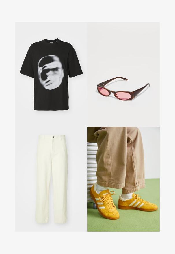 Black cotton t-shirt featuring a blurred white graphic of a face. Short sleeves and a round neck design.; Light yellow cotton trousers with a straight-leg cut, featuring a front button closure, belt loops, and a clean, minimalist design.; Yellow suede sneakers with white stripes, featuring a rubber sole, fabric laces, and a padded collar, paired with beige cotton pants.; Brown tinted sunglasses with a sleek, elongated oval shape. Frames are made of glossy plastic; lenses are pink with a subtle curve.