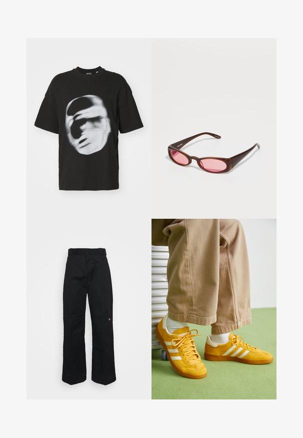T-shirt nera in cotone con una grafica sfocata bianca di un volto. Maniche corte e design a girocollo.; Pantaloni neri a gamba larga con una texture liscia, dotati di una vita regolare e di un piccolo logo ricamato vicino alla gamba destra.; Sneaker in suede giallo con strisce bianche, dotate di suola in gomma, lacci in tessuto e collare imbottito, abbinate a pantaloni in cotone beige.; Occhiali da sole color marrone con una forma ovale allungata e slanciata. Le montature sono in plastica lucida; le lenti sono rosa con una leggera curvatura.