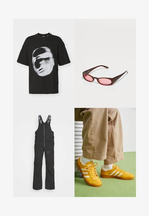 T-shirt de algodão preto com uma impressão branca borrada de um rosto. Manga curta e decote redondo.; Suspensórios impermeáveis pretos apresentam alças ajustáveis, um fecho frontal e múltiplos bolsos, com painéis de perna reforçados para durabilidade.; Ténis amarelos de camurça com riscas brancas, com sola de borracha, cordões de tecido e colarinho acolchoado, combinados com calças de algodão bege.; Óculos de sol com tonalidade castanha e um formato oval elegante e alongado. As armações são feitas de plástico brilhante; as lentes são cor-de-rosa com uma curva subtil.