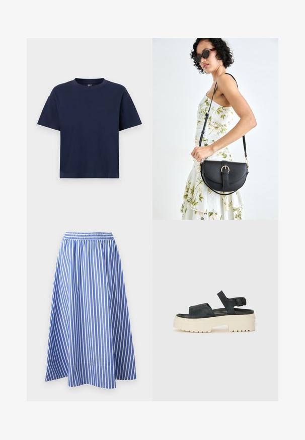 Tricou din bumbac de culoare albastru marin, cu decolteu rotund și mâneci scurte, având un croi lejer și un design minim. Fără modele sau accente.; Fustă în dungi albastre și albe, cu un elastic în talie și o siluetă A-line fluidă, confecționată dintr-un material ușor.; Sandale cu platformă din suede negru, cu talpă albă voluminoasă, curea frontală lată și baretă reglabilă pentru glezna. Talpă texturată pentru aderență.; Geantă din piele neagră, cu o formă curbată, curea detașabilă și accesorii aurii. Geanta are un capac cu un detaliu tip cataramă.