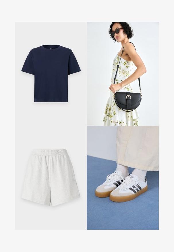 Marineblå bomull T-skjorte med rund hals og korte ermer, med en avslappet passform og minimalistisk design. Ingen mønstre eller detaljer.; Grå bomullsshorts med elastisk midje, sidesømmer, og ingen synlige lommer. Myk tekstur med et enkelt design og uten mønstre.; Hvite sneakers med svarte striper og beige semsket skinn-detaljer. Har en teksturert gummisåle og flate hvite snører, brukt med lyse sokker.; Svart lærveske med en buet form, avtagbar stropp og gullbeslag. Vesken har et klaff med spenne-detall.