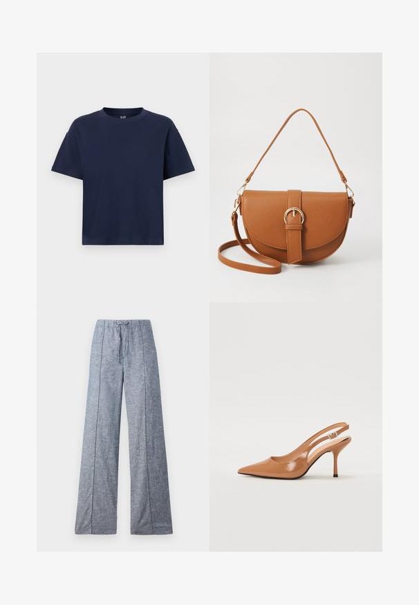 T-shirt en coton bleu marine avec un col rond et des manches courtes, offrant une coupe décontractée et un design minimaliste. Aucune motif ni accent.; Pantalons larges en tissu bleu clair avec une texture subtile, dotés d'une taille élastiquée et d'un cordon de serrage pour l'ajustement.; Escarpin à talon slingback à bout pointu en matériau beige lisse et brillant. Présente un design de découpes courbées et un talon aiguille fin. Détail de boucle en argent.; Sac bandoulière en cuir marron avec une forme incurvée, quincaillerie dorée et un accent en boucle. Comprend une bandoulière détachable.