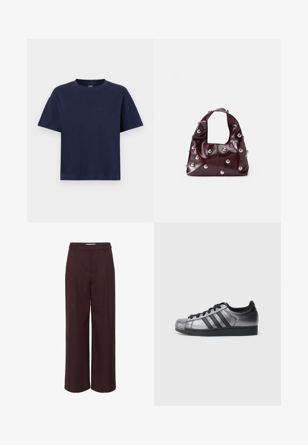 Marineblaues Baumwoll-T-Shirt mit Rundhalsausschnitt und kurzen Ärmeln, das eine lockere Passform und ein minimalistisches Design aufweist. Keine Muster oder Akzente.; Weite Hosen in tiefem Burgunderrot, aus einem glatten Stoff gefertigt. Verfügt über eine hohe Taille mit Falten und einfachen Gürtelschlaufen für einen maßgeschneiderten Look.; Schwarze und metallisch silberne Sneaker mit abgerundetem Zehenbereich, drei schwarzen Streifen und einer strukturierten Oberfläche. Schwarze Schnürsenkel und Gummisohle.; Burgunderfarbene Ledertasche mit abgerundeter Form, die gleichmäßig verteilte, metallisch silberne Nieten auf der Oberfläche aufweist und einen kurzen, breiten Träger hat.